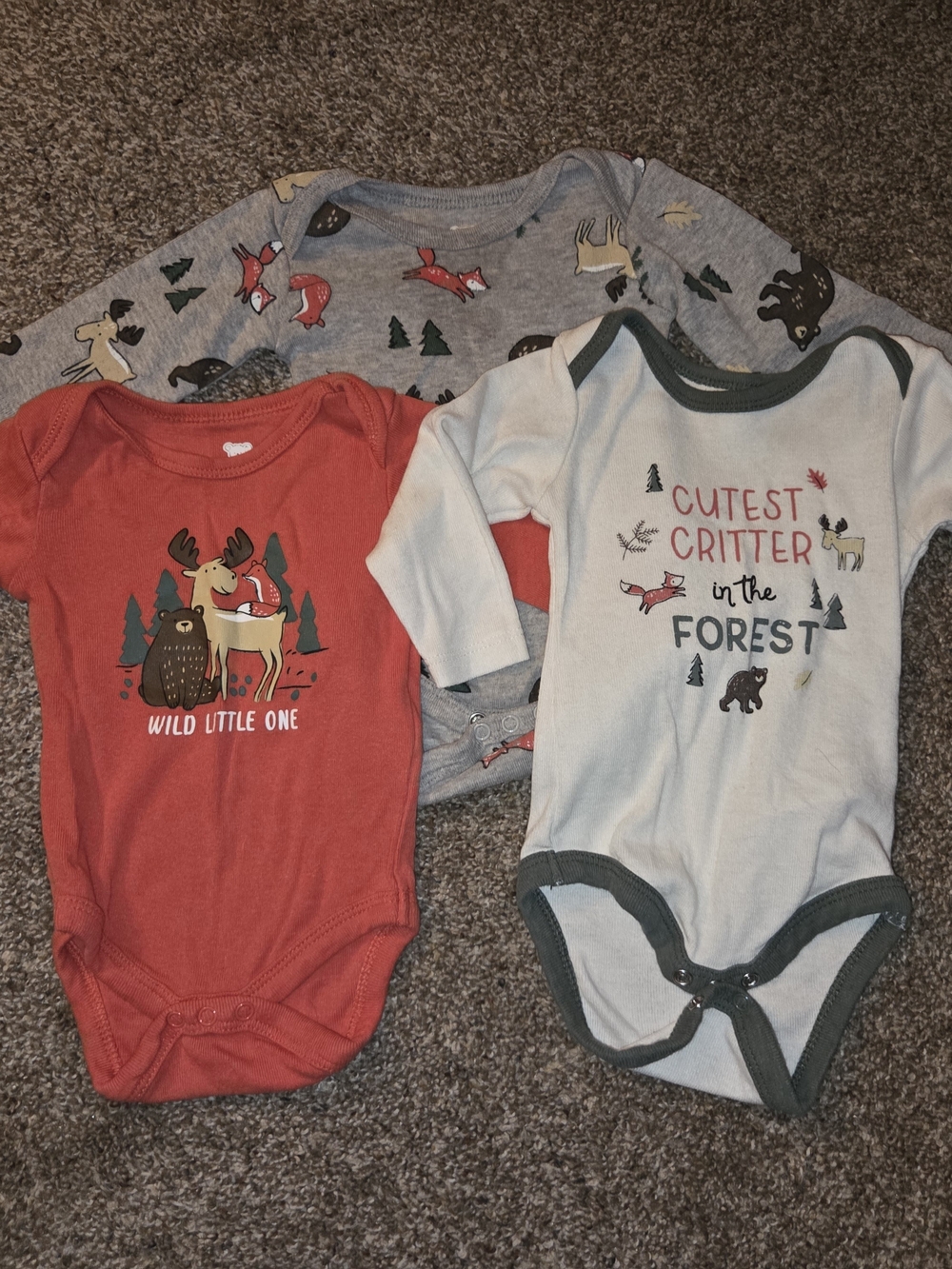 Woodland Animal Long-Sleeve One-Piece Bodysuits - Red, Light Gray, Heather Gray